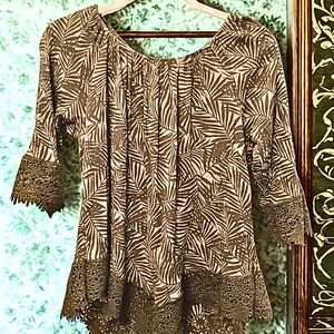 NY Collection Green Top with 3/4 Sleeves and Crochet Embroidered Trim